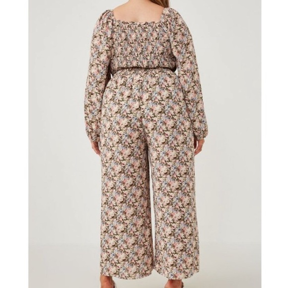 Hayden Floral Print Smocked Puff Sleeve Jumpsuit In Olive Mix. Sz 1X & 3X. - Picture 4 of 11